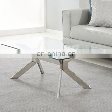 Coffee Table Tempered Glass Top Edge Polished Stainless Steel Base