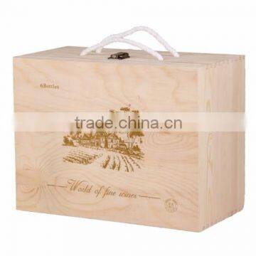 Handmade natural color pine wooden wine gift case for 6 bottles