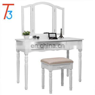 3 Large Drawers, Tri folding Mirror, Wood Makeup Dressing Table with Cushioned Stool