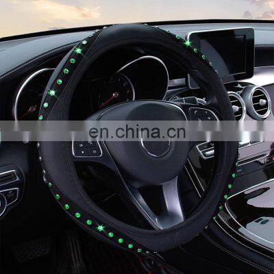 Hot sale Universal Car Steering Wheel Cover Without Inner Ring leather with Diamond gemstone glitter Elastic Car Steering Wheel