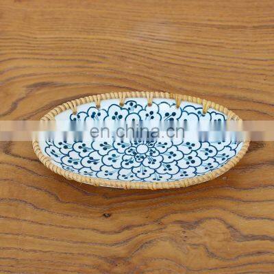 Hot Sale Factory Wholesale Vietnam Rattan Ceramic Fruit Plate Japanese Living Room Household Snack Tray Wholesale photo-2