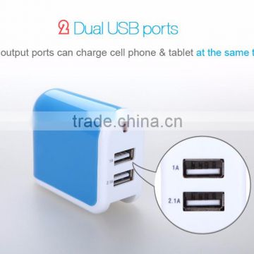 fast charging 5V 2.1A dual USB Mobile wall Charger with foldable AC plug