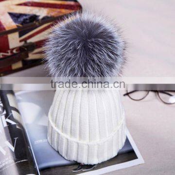 New Arrival Winter Fashion Girl Wool Knit Silver Fox Fur Hats