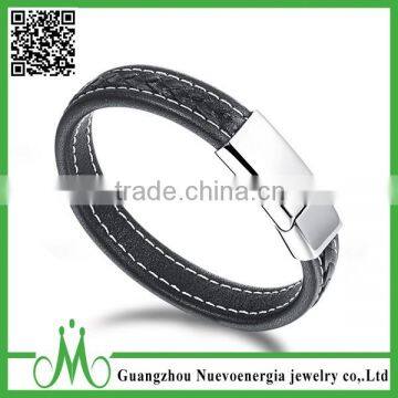 Men's Bracelet Silver Black Braided Black Genuine Leather Stainless Steel Clasp Bangle