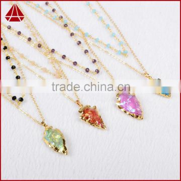 Beautiful arrowhead shape golden crystal layered multicolor multistrand crystal necklace