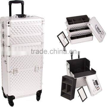 Outdoor Travel Silver Diamond Trolley Makeup Case