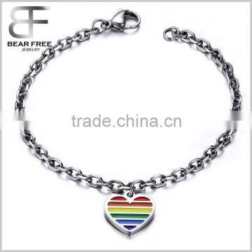 Mens Womens Stainless Steel Bracelet, Rainbow Enamel Heart Charm Gay & Lesbian Pride Links Cuff Silver                        
                                                Quality Choice