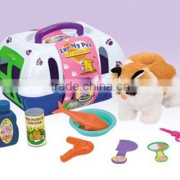 Toy plastic carrier with plush cat