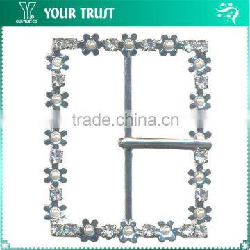 3MM Crystal Rhinestone Pearl Flower Frame Rhodium Metal Belt Buckle