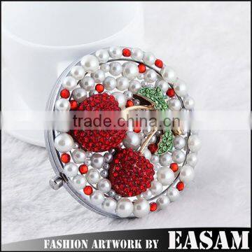 Cherry design makeup double sided round mirror with full rhinestone