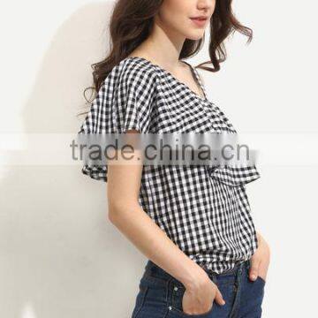 Blouses Latest Fashion Design Women Clothing Black and White Gingham Ruffle One Sleeve Blouse photo-2