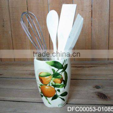 Orange Decal Ceramic Kitchen Utensil Holder/ Organizer with Wooden Spoons & Iron Stirrer