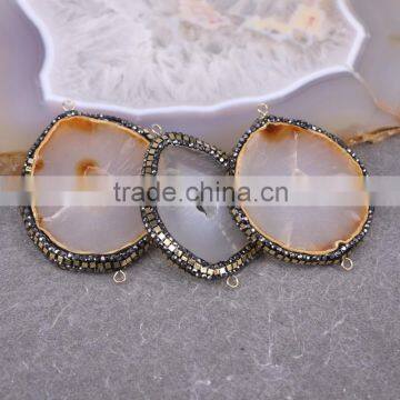 Nature Agate Geode Connector Bead Edged with Pave Crystal and Copper Gold Foil Gemstone Druzy Agate Connector Pendant