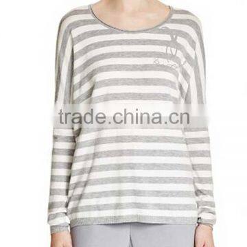 Women Stripe Pattern Round Neck Design Cashmere Sweater