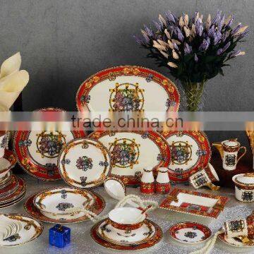 High-class ceramic dinner ware red color silk fibbon flower design bone china dinnerware set