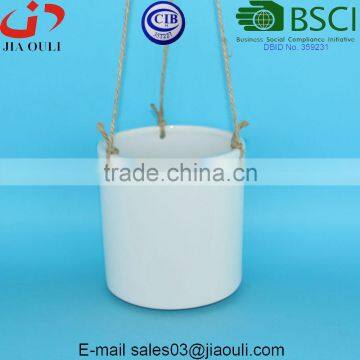 Glazed White Hemp Rope Ceramic Hanging Garden Pot photo-2