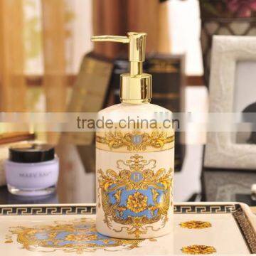 Classic European Baroque Style Ceramic Bath Accessories Set 6 Pcs in Fancy Golden and Blue, Liquid Soap Dispenser BF12-03254h photo-3