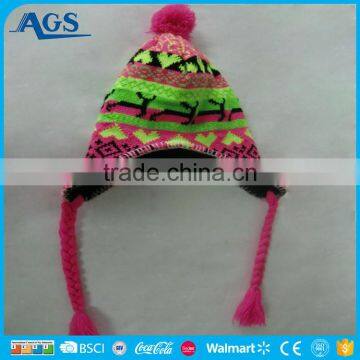 colorful warm female winter beanie hat with strings