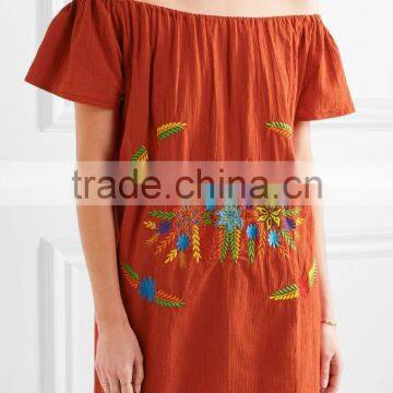 Mexican Women Summer Boho Off-The-Shoulder Colorful Embroidery Patch Crinkled Cotton Mini Names Of Girls Dresses HSD5858 photo-3