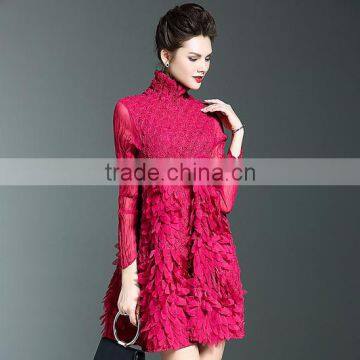 Lady high neck petal appliqued plain crinkle dress