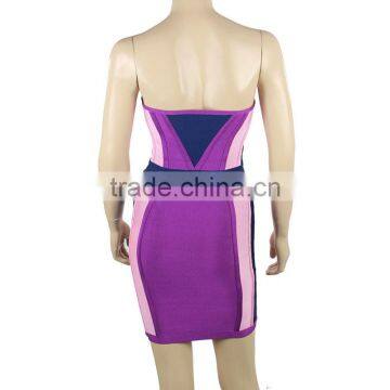 HL Beaded Rayon Sexy Purple Color Block Strapless Geometric Bodycon Women Celebrity Bandage Dress photo-4