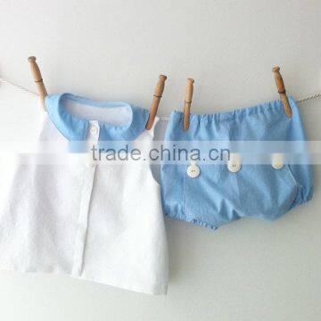 Wholesale Custom New Cute Baby Girl Clothes White Top and Blue Little Shorts