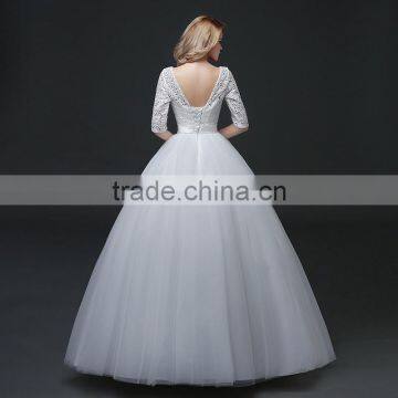 MGOO Custom Made Less 100 USD Tulle Lace Applique Wedding Dress Slash Neck 3/4 Sheer Neck Elegant Handmade photo-6