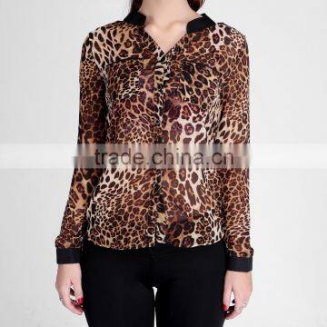 2015 Women Blouse Leopard Print Shirt Long Sleeve V -Neck Top Loose Blouses Plus Size Chiffon Shirt photo-3