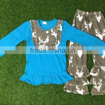 new arrive hot sale 2016 boutique clothing set cute deer girls cotton frock designs with gray deer head capris