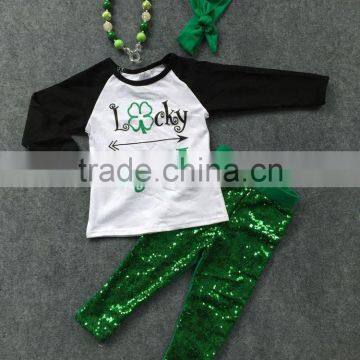2016 new baby St.Patrick's day theme outfit girls lucky Spring Sequins suit green shirt pants with matching accessories