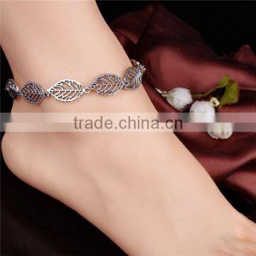 Silver Tone Alloy Anklet Leaf Beaded Charm Foot Chain