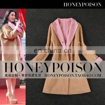 2014 Fashionable camel color cashmere woollen coat for ladies