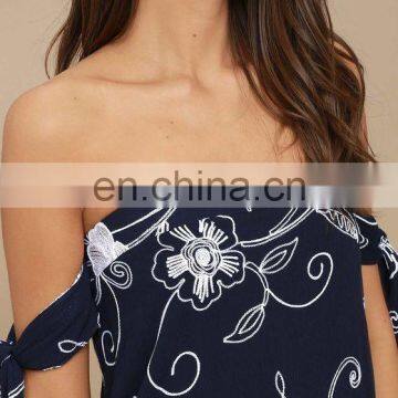 Navy Blue Embroidered off the Shoulder Beautiful Lady One-piece Dress photo-5