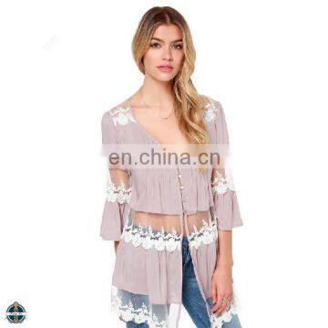 T-B517 Casual Ladies Lace Trims Button Up Latest Blouse Styles