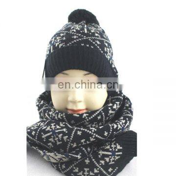 Wholesale Newest men's winter acrylic knitted scarf hat set with pompom