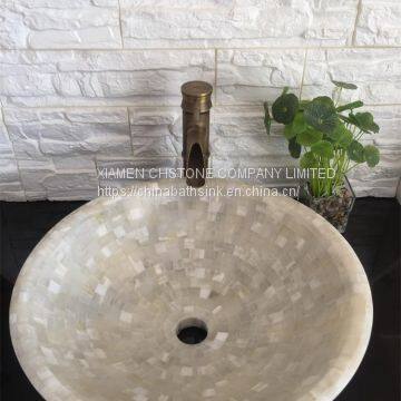 White Onyx Mosaic Bathroom Vessel Round Sink Stone Wash Basin