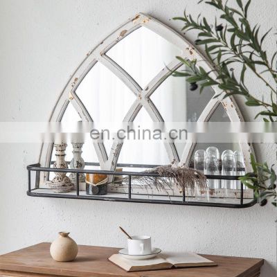 Natural style wooden wall decorative mirror with storage shelf  wooden mirror frame decorative