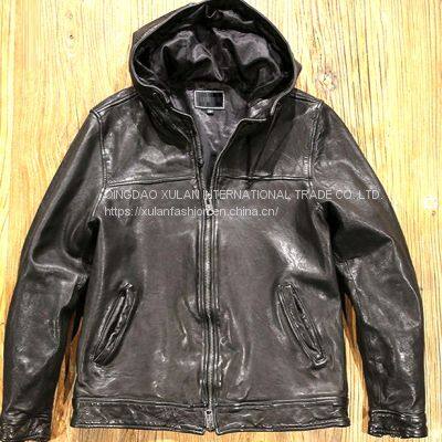 men's fashion genuine vegetable sheepskin leather jacket with hood