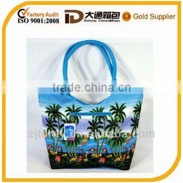 Waterproof Palm Tree Beach Design Canvas Beach Bag with Wood Balls Zipper Closure 21 X 15 X 6"