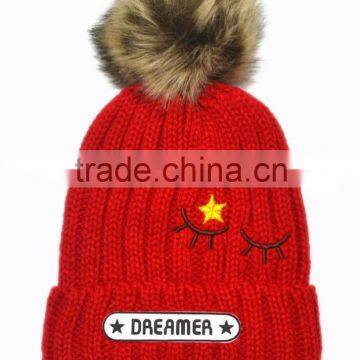 2015 Winter Latest DREAMER and Small Stars Embroidery Faux Fur Pom Pom Knitting Baby Kids Hat and Cap