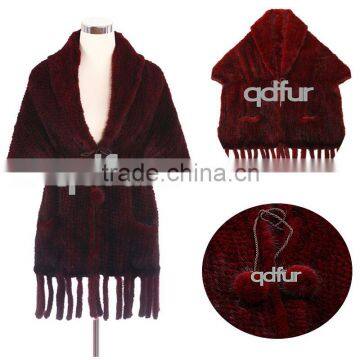 QD30488 2014 Hot Sell New Design Woman Winter Wear Mink Knitted Shawls /Fur Ponchos /Mink fur cape