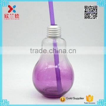 New Arrival!! unique color glass bottle, bulb colored lamp bulb bottle, 200ml purple bulb bottle for beverage with silver cap