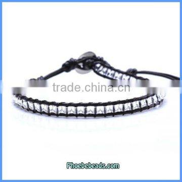 Newest Fashion White Crystal And Leather Adjustable Beaded Wrap Bracelets PCB-CP58