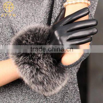 ZF0419 Ladies fashion real fox fur leather gloves in winter