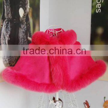 elegant real cashmere cape with fox fur trim and hood