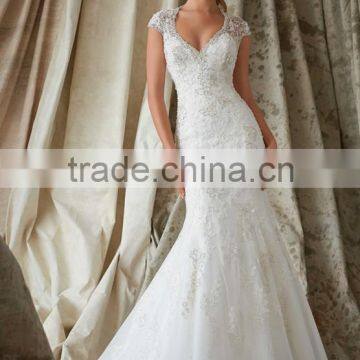 (MY1329) MARRY YOU Mermaid Wedding Gowns V-neck Cap Sleeve Lace Beaded Fish Cut Wedding Dress 2015