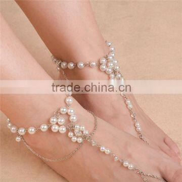 Fashion Korean Style Silver Alloy Imitation Pearl Beads Foot Chian Jewelry Plain Pearl Tassel Beachwear Anklet For Women