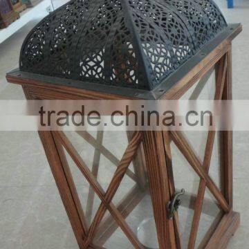 White Snow Effect Natural Wooden Candle Lantern Holder , Wooden Lantern