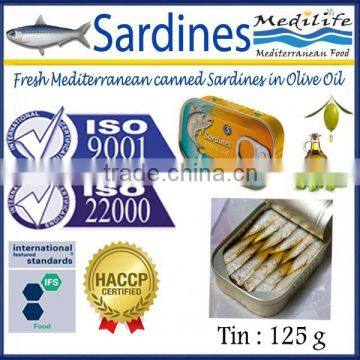 Fresh Mediterranean canned Sardines in Olive Oil, Sardine in Olive Oil,High Quality Sardines, canned Sardines in Olive Oil,125 g