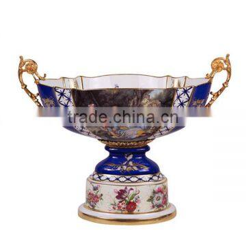 European Design Ceramic Planter of Children Playing Under The Base, Floral Painting Porcelain Compote and Brass Figurine Status photo-2